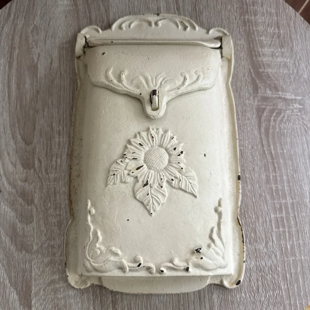 Vintage Cast Iron Wall Mount Mailbox Sunflower Embossed Cream Distressed Rustic